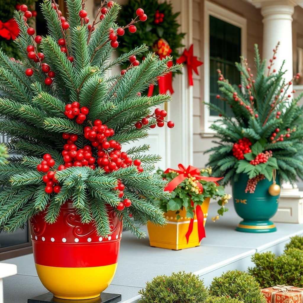 50 Stunning Christmas Porch Decor Ideas to Transform Your Home Colorful Christmas planters with greenery and red berries on a porch