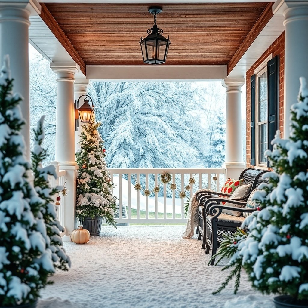 50 Stunning Christmas Porch Decor Ideas to Transform Your Home A wintery porch scene decorated with faux snow, Christmas trees, and a lantern.