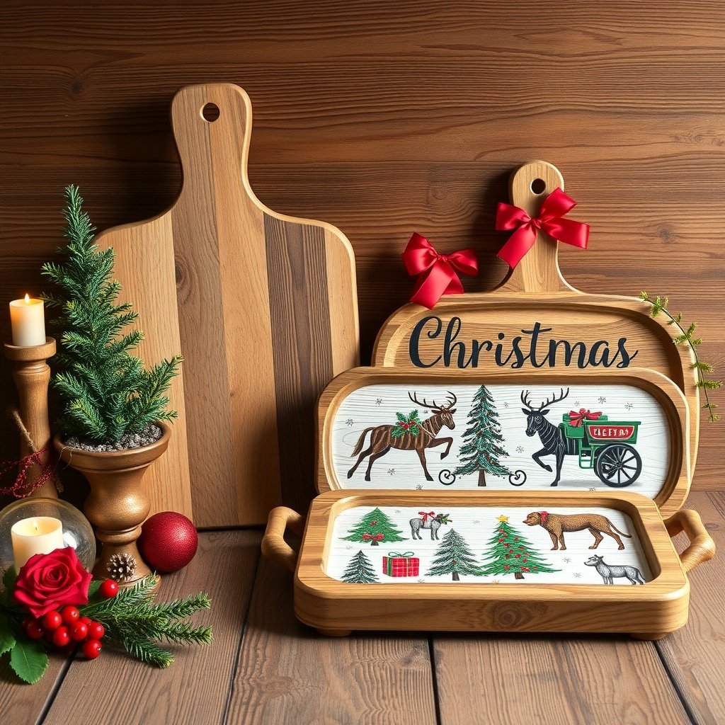 50 Creative Ideas for Christmas Kitchen Decor A cozy Christmas kitchen decor featuring rustic wooden trays and cutting boards with festive designs.