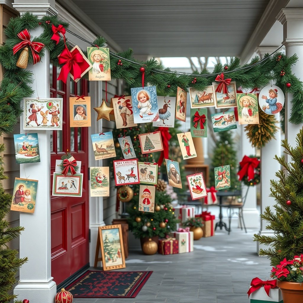 50 Stunning Christmas Porch Decor Ideas to Transform Your Home A festive porch decorated with vintage Christmas cards hanging from a garland, red bows, and a welcoming atmosphere.