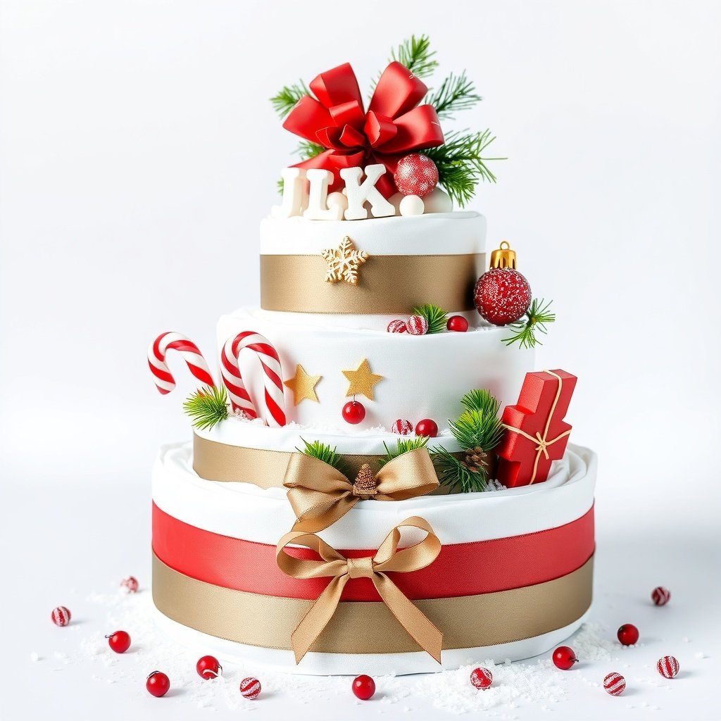50 Festive Ideas for Creating the Ultimate Christmas Diaper Cake A beautifully decorated Christmas diaper cake with candy canes, ornaments, and festive bows.