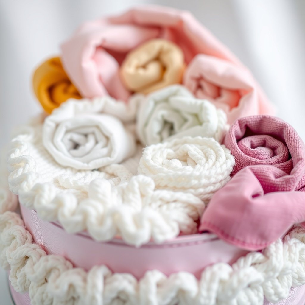 50 Festive Ideas for Creating the Ultimate Christmas Diaper Cake A beautifully arranged Christmas diaper cake featuring rolled diapers that look like flowers, with a mix of soft and textured materials.