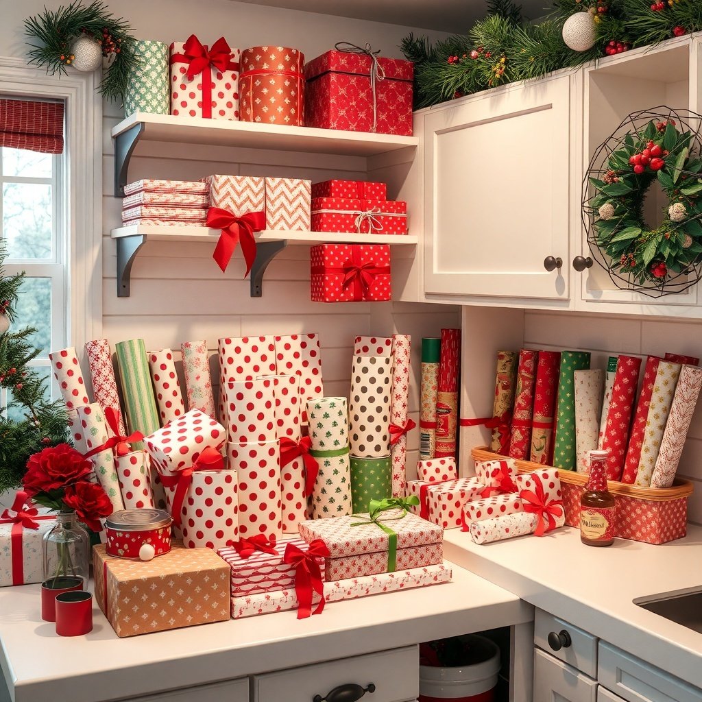 50 Creative Ideas for Christmas Kitchen Decor A cozy kitchen corner filled with colorful wrapped gifts and festive decorations.