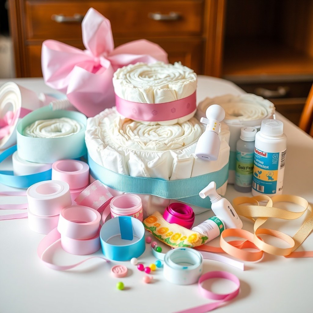 50 Festive Ideas for Creating the Ultimate Christmas Diaper Cake Supplies for building a Christmas diaper cake, including rolled diapers, ribbons, and baby items.