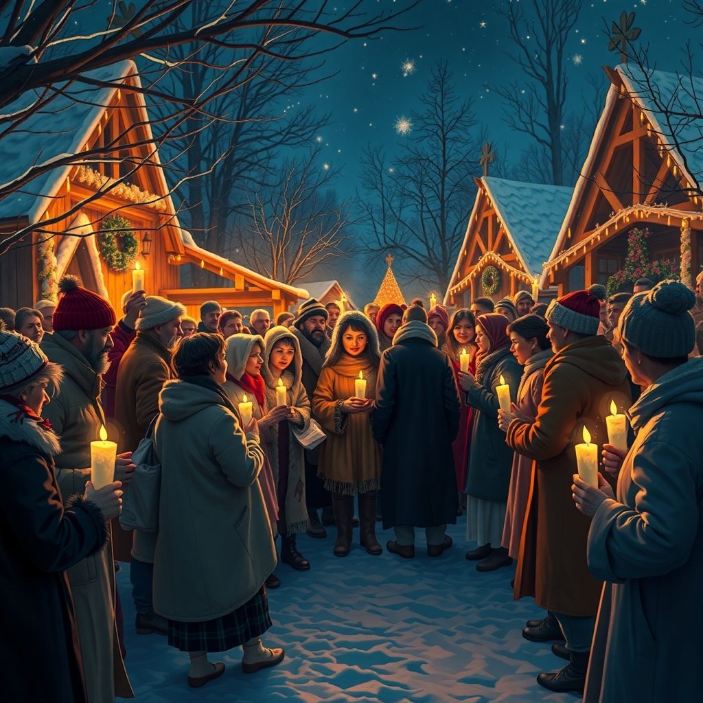 50 Festive December Wallpapers to Brighten Your Screen A winter solstice celebration with people holding candles in a snowy landscape, surrounded by cozy cottages decorated with lights.