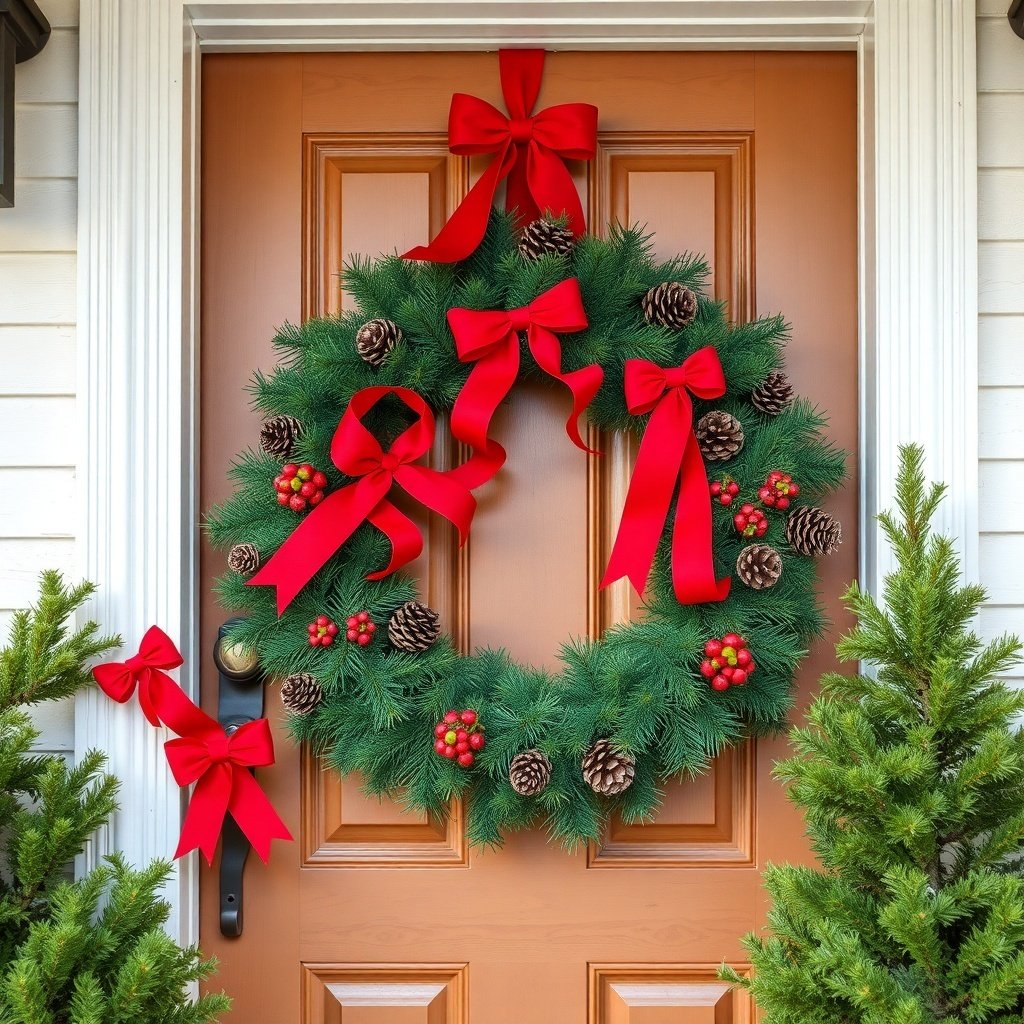 50 Stunning Christmas Porch Decor Ideas to Transform Your Home A festive green wreath with red bows and pinecones on a brown door