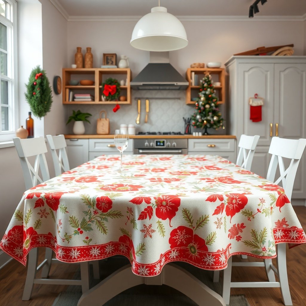 50 Creative Ideas for Christmas Kitchen Decor A beautifully decorated kitchen with a Christmas-themed tablecloth featuring red flowers and snowflakes.