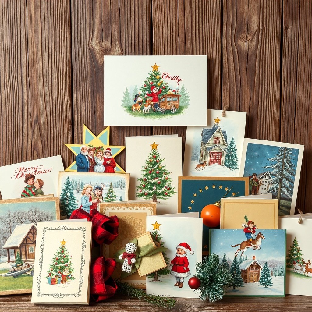 50 Festive December Wallpapers to Brighten Your Screen A collection of vintage Christmas cards displayed on a wooden background.