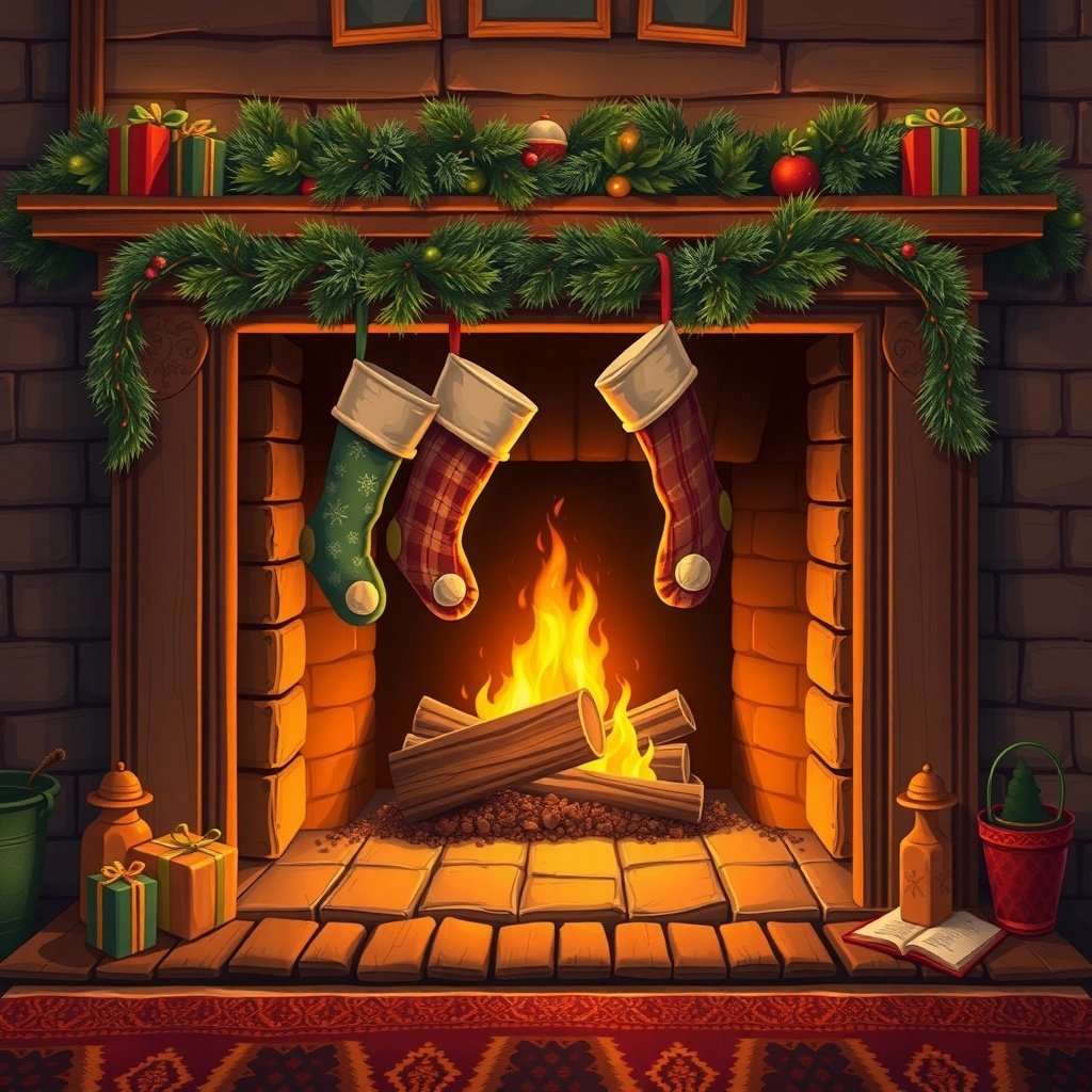 50 Festive December Wallpapers to Brighten Your Screen A cozy fireplace decorated for December with stockings, garlands, and a warm fire.