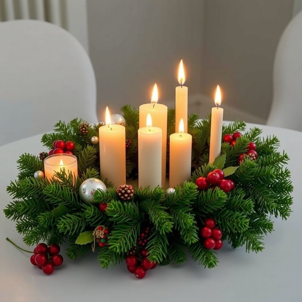 50 Stunning Christmas Table Centerpieces to Elevate Your Holiday Decor A beautiful candlelit evergreen wreath with white candles, red berries, and green foliage on a table.