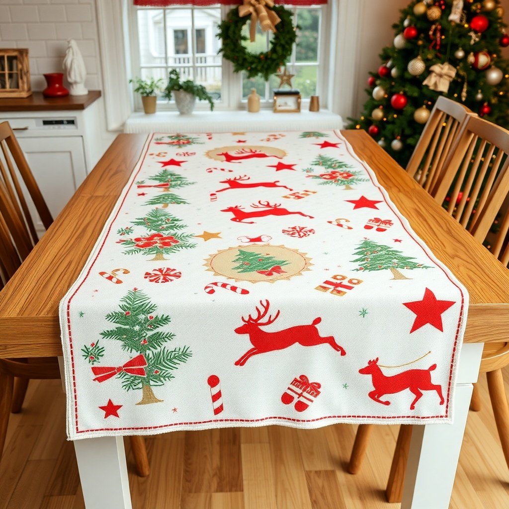 50 Creative Ideas for Christmas Kitchen Decor A Christmas-themed table runner featuring reindeer and Christmas trees on a wooden dining table.