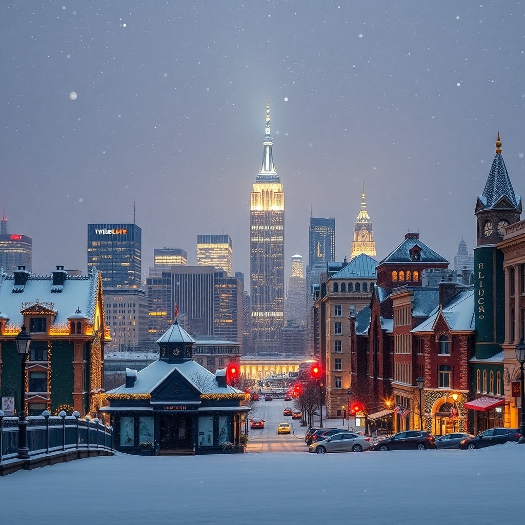 50 Festive December Wallpapers to Brighten Your Screen A snowy cityscape featuring the Empire State Building and charming buildings adorned with lights.