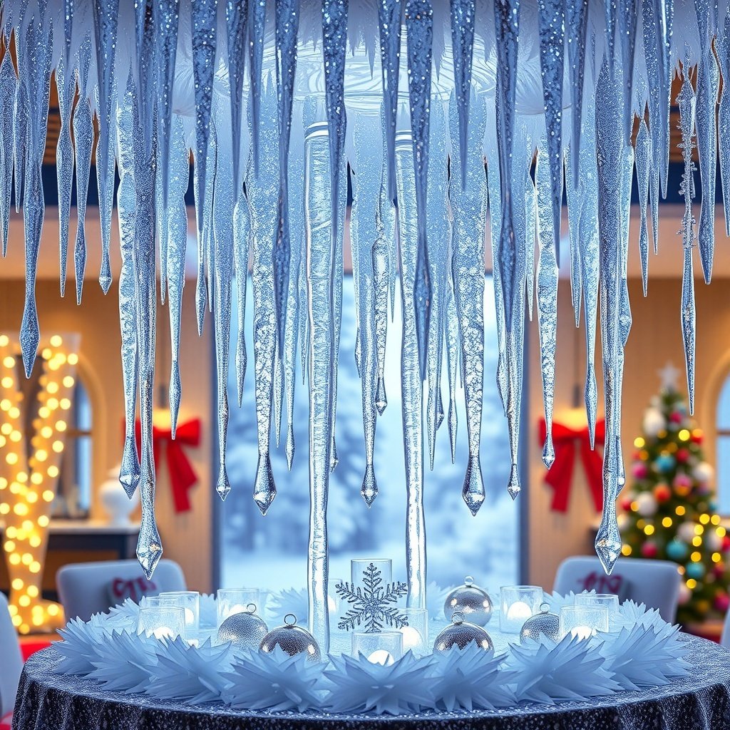 50 Stunning Christmas Table Centerpieces to Elevate Your Holiday Decor Icicle-inspired centerpiece with hanging icicles, candles, and white decorations on a Christmas table.