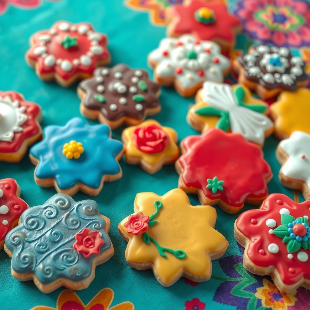30 Delightful Mexican Wedding Cookie Recipes to Sweeten Your Celebrations Colorful decorated Mexican wedding cookies on a vibrant tablecloth.