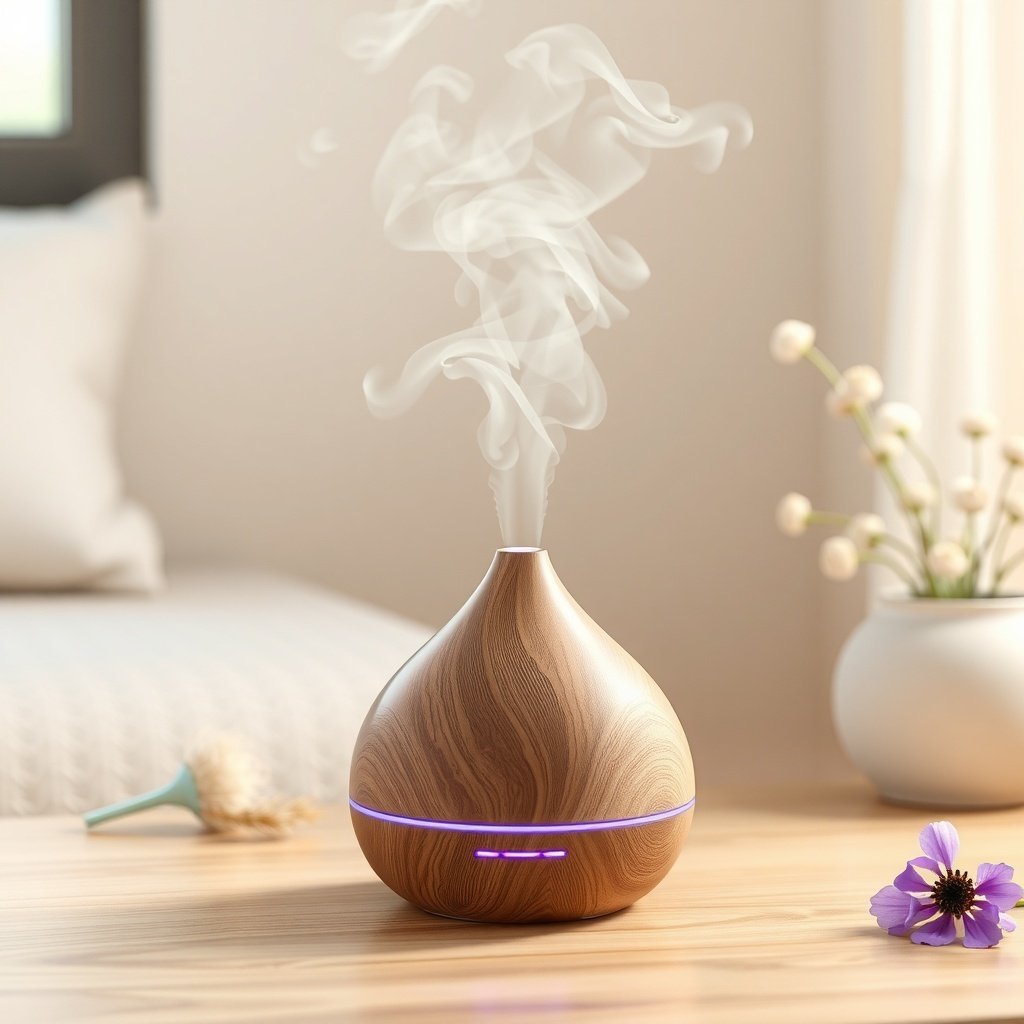50 Stunning Wedding Night Room Decoration Ideas A wooden essential oil diffuser emitting steam in a cozy room.