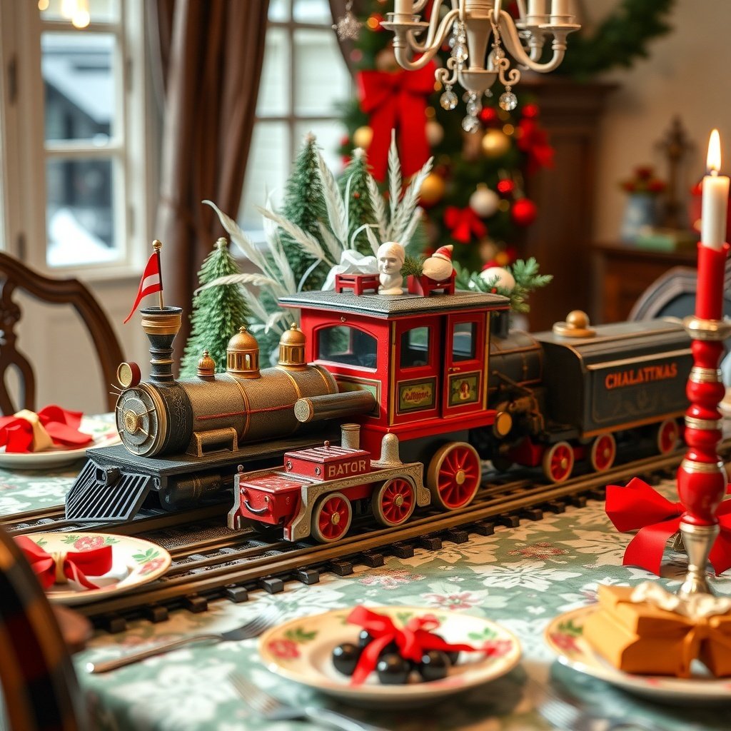 50 Stunning Christmas Table Centerpieces to Elevate Your Holiday Decor A vintage toy train displayed on a Christmas table centerpiece with festive decorations.