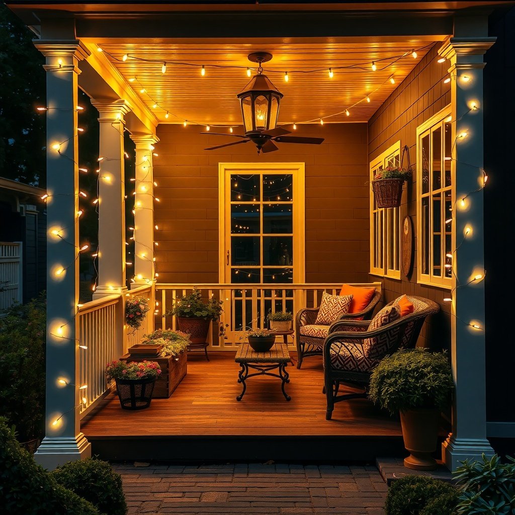50 Stunning Christmas Porch Decor Ideas to Transform Your Home A beautifully decorated porch with twinkling string lights, showcasing a cozy seating area and festive plants.
