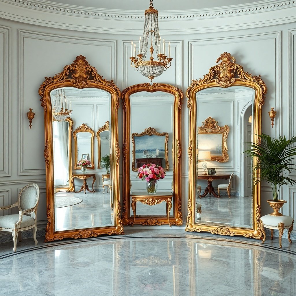 50 Stunning Wedding Night Room Decoration Ideas Three ornate gold-framed mirrors reflecting a beautifully decorated room with a chandelier and floral arrangement.