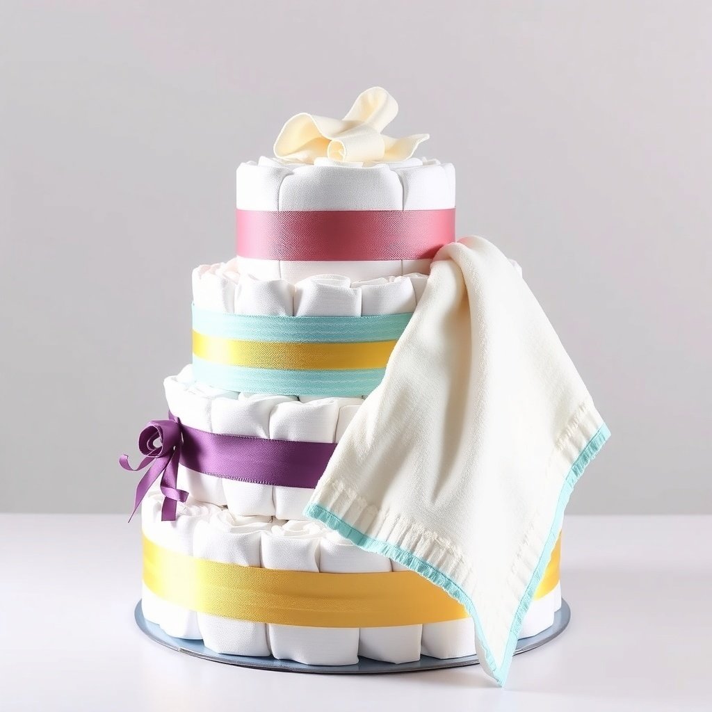 50 Festive Ideas for Creating the Ultimate Christmas Diaper Cake A three-tiered diaper cake decorated with colorful ribbons and a white baby blanket draped over it.
