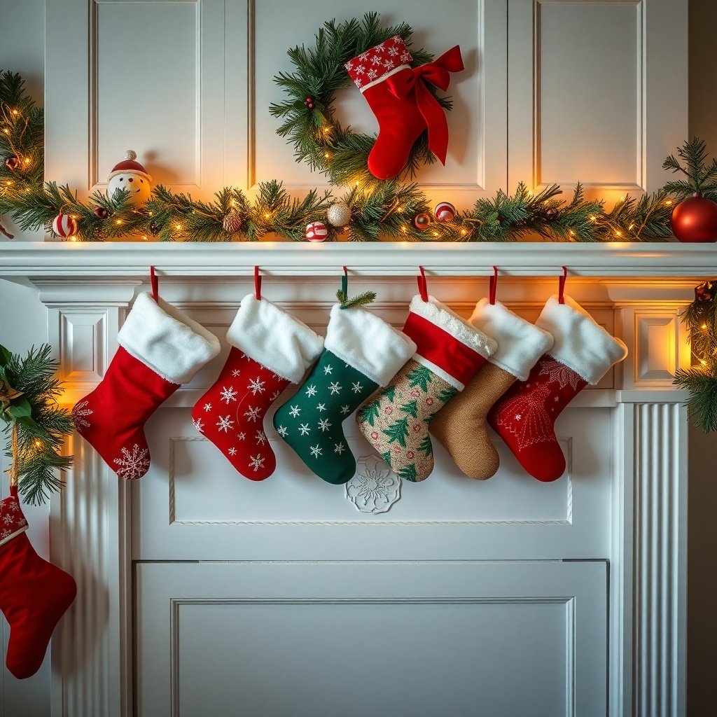 50 Creative Ideas for Christmas Kitchen Decor A cozy Christmas kitchen with colorful stockings hanging on a mantel, surrounded by festive decorations.