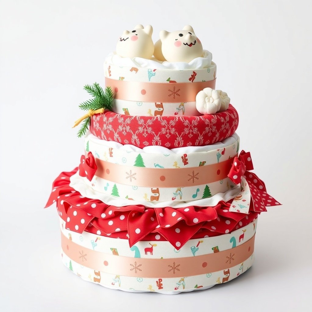 50 Festive Ideas for Creating the Ultimate Christmas Diaper Cake A colorful Christmas diaper cake with holiday-themed fabric layers, featuring playful designs and festive colors.