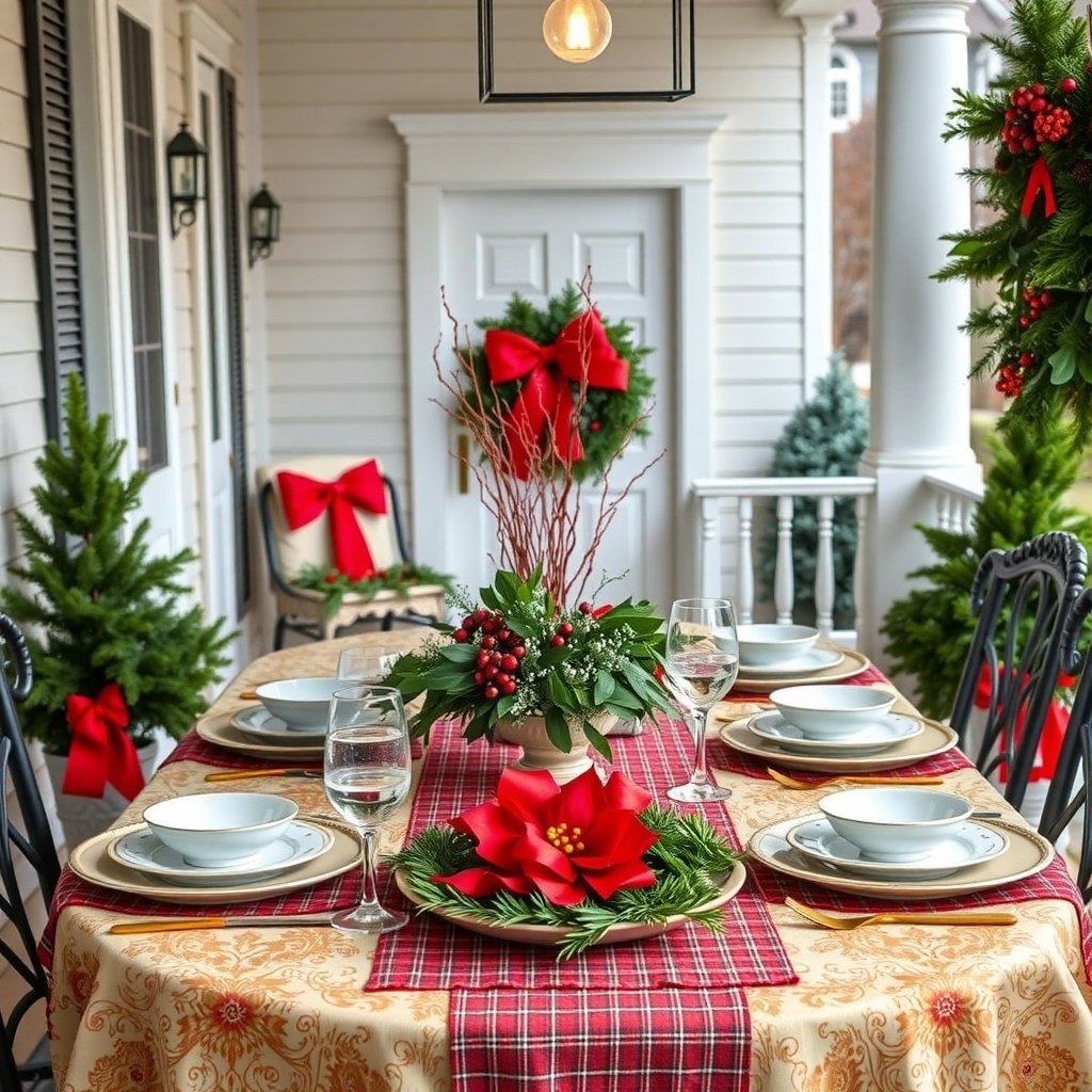 50 Stunning Christmas Porch Decor Ideas to Transform Your Home A beautifully decorated Christmas table setting on a porch with greenery, red accents, and a plaid table runner.