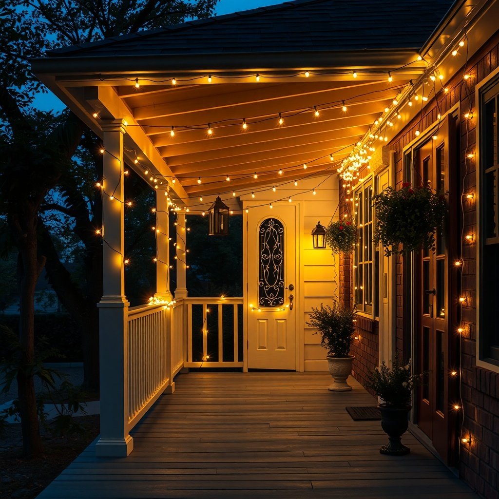 50 Stunning Christmas Porch Decor Ideas to Transform Your Home A beautifully decorated porch with twinkling string lights, creating a warm and inviting atmosphere.