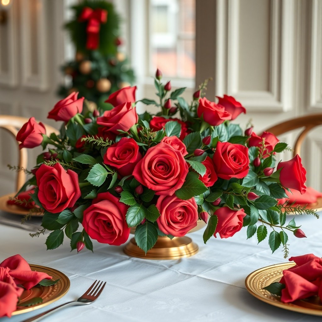 50 Stunning Christmas Table Centerpieces to Elevate Your Holiday Decor A traditional Christmas table centerpiece featuring red roses and green leaves in a golden vase.