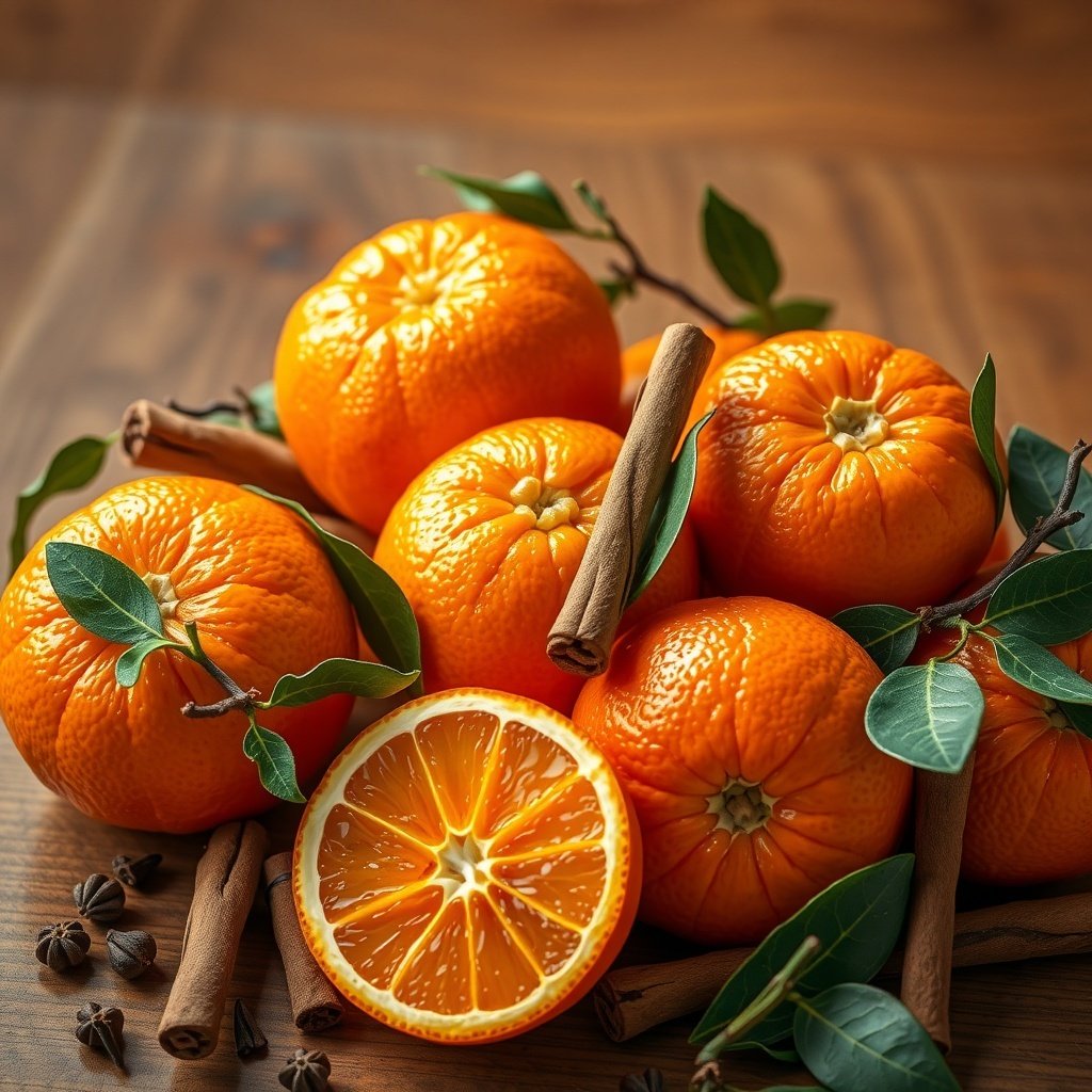 50 Stunning Christmas Table Centerpieces to Elevate Your Holiday Decor A festive arrangement of oranges, cinnamon sticks, and green leaves on a wooden surface.