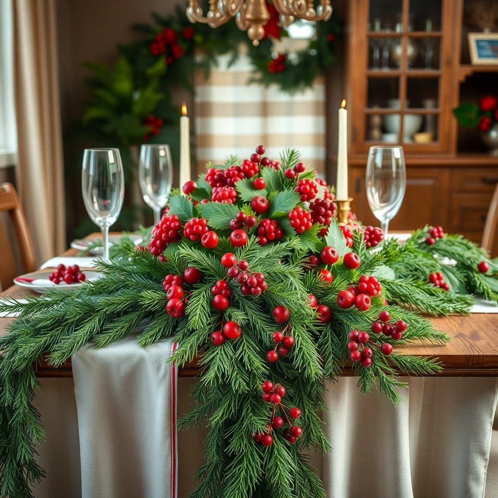 50 Stunning Christmas Table Centerpieces to Elevate Your Holiday Decor A beautifully arranged evergreen and berry garland as a Christmas table centerpiece, featuring red berries and green foliage.