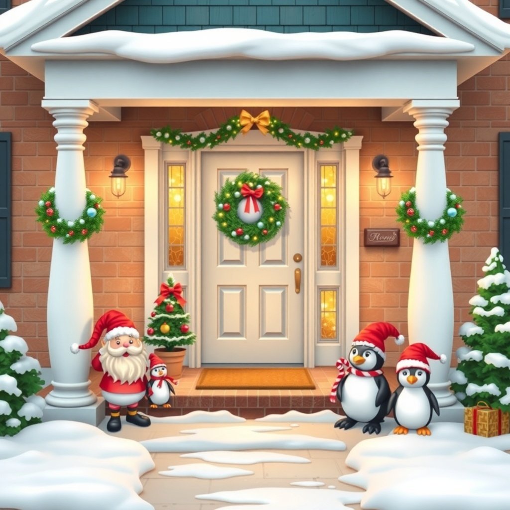 50 Stunning Christmas Porch Decor Ideas to Transform Your Home A festive Christmas porch with Santa Claus and penguins, decorated with wreaths and snow.