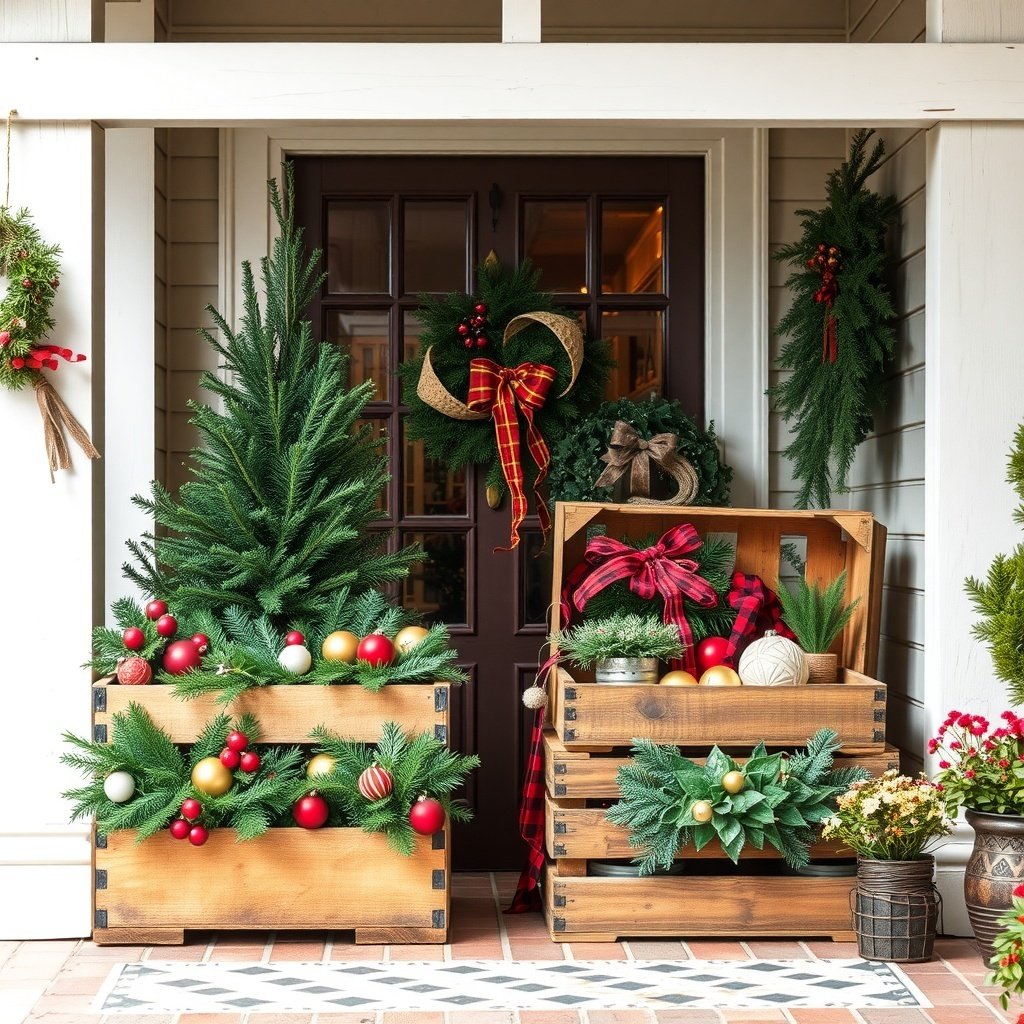 50 Stunning Christmas Porch Decor Ideas to Transform Your Home Wooden crates filled with holiday decorations on a porch
