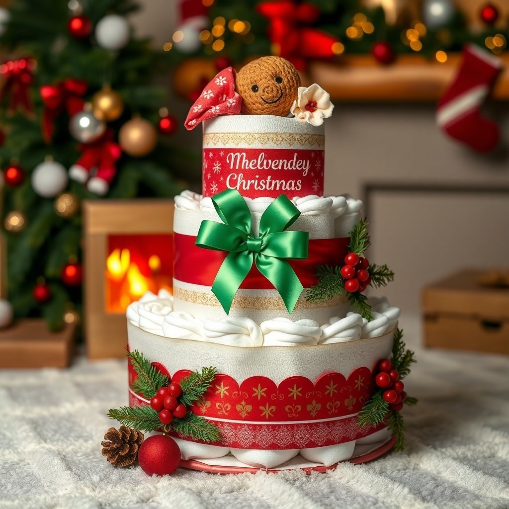 50 Festive Ideas for Creating the Ultimate Christmas Diaper Cake A beautifully decorated Christmas diaper cake with festive colors and accessories.