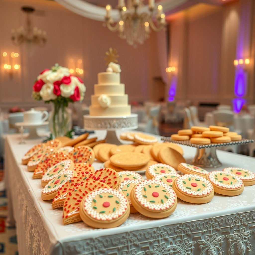 30 Delightful Mexican Wedding Cookie Recipes to Sweeten Your Celebrations A beautifully arranged dessert table featuring Mexican wedding cookies, a wedding cake, and floral decorations.