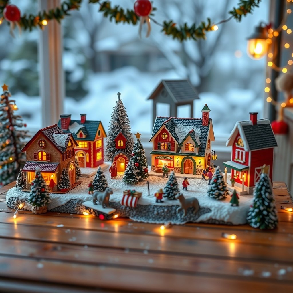 50 Stunning Christmas Porch Decor Ideas to Transform Your Home A beautifully arranged miniature Christmas village with colorful houses, snow-covered trees, and festive decorations.