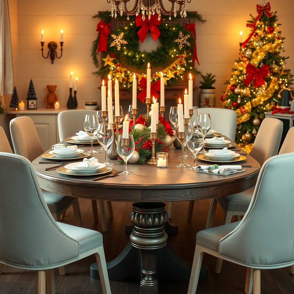 50 Creative Ideas for Christmas Kitchen Decor A beautifully decorated dining table for Christmas with candles, ornaments, and a festive centerpiece.