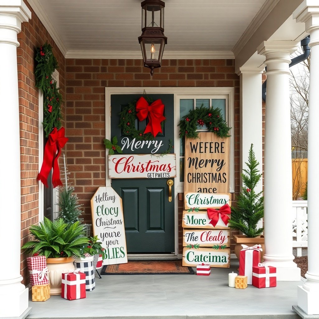 50 Stunning Christmas Porch Decor Ideas to Transform Your Home A decorated porch with Christmas signs and festive decorations.