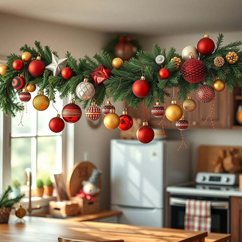 50 Creative Ideas for Christmas Kitchen Decor A festive garland with red and gold ornaments hanging in a cozy kitchen.