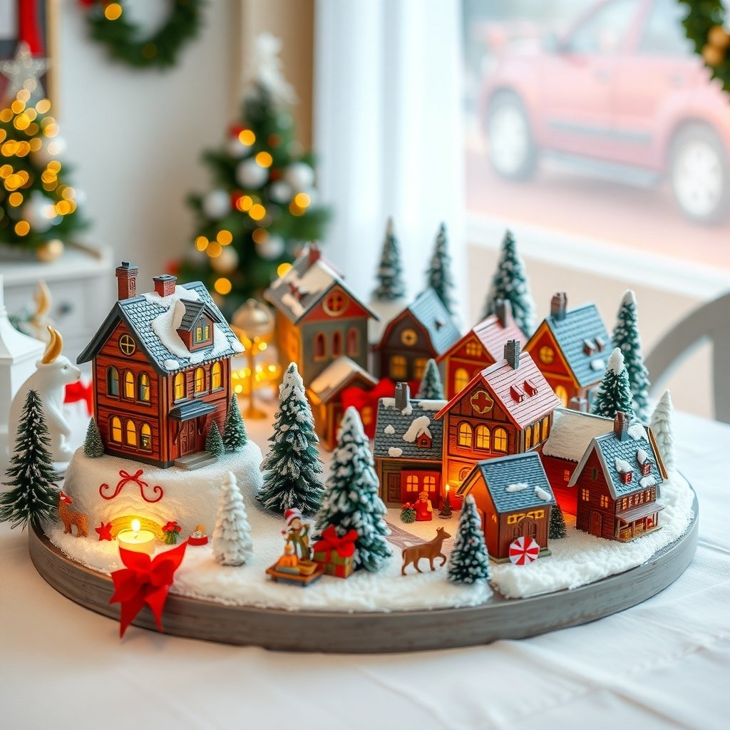 50 Stunning Christmas Table Centerpieces to Elevate Your Holiday Decor A charming Christmas village scene with colorful houses, snow, and festive decorations.