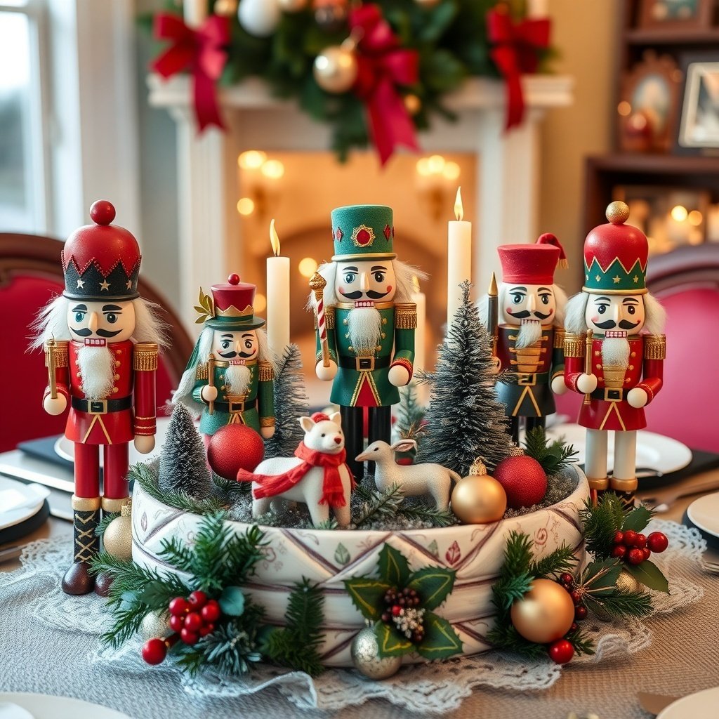 50 Stunning Christmas Table Centerpieces to Elevate Your Holiday Decor A festive Nutcracker themed table centerpiece featuring colorful nutcracker figures, candles, and holiday decorations.