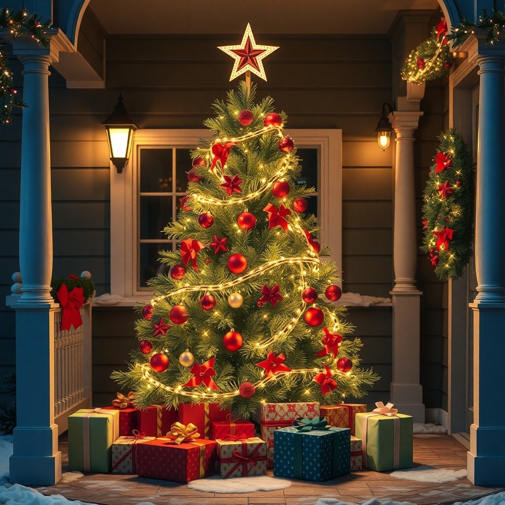 50 Stunning Christmas Porch Decor Ideas to Transform Your Home A beautifully decorated Christmas tree with lights and gifts on a porch