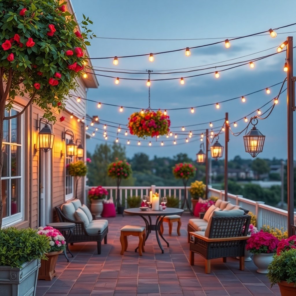 50 Stunning Wedding Night Room Decoration Ideas A romantic outdoor patio decorated with flowers and string lights, perfect for a wedding night.