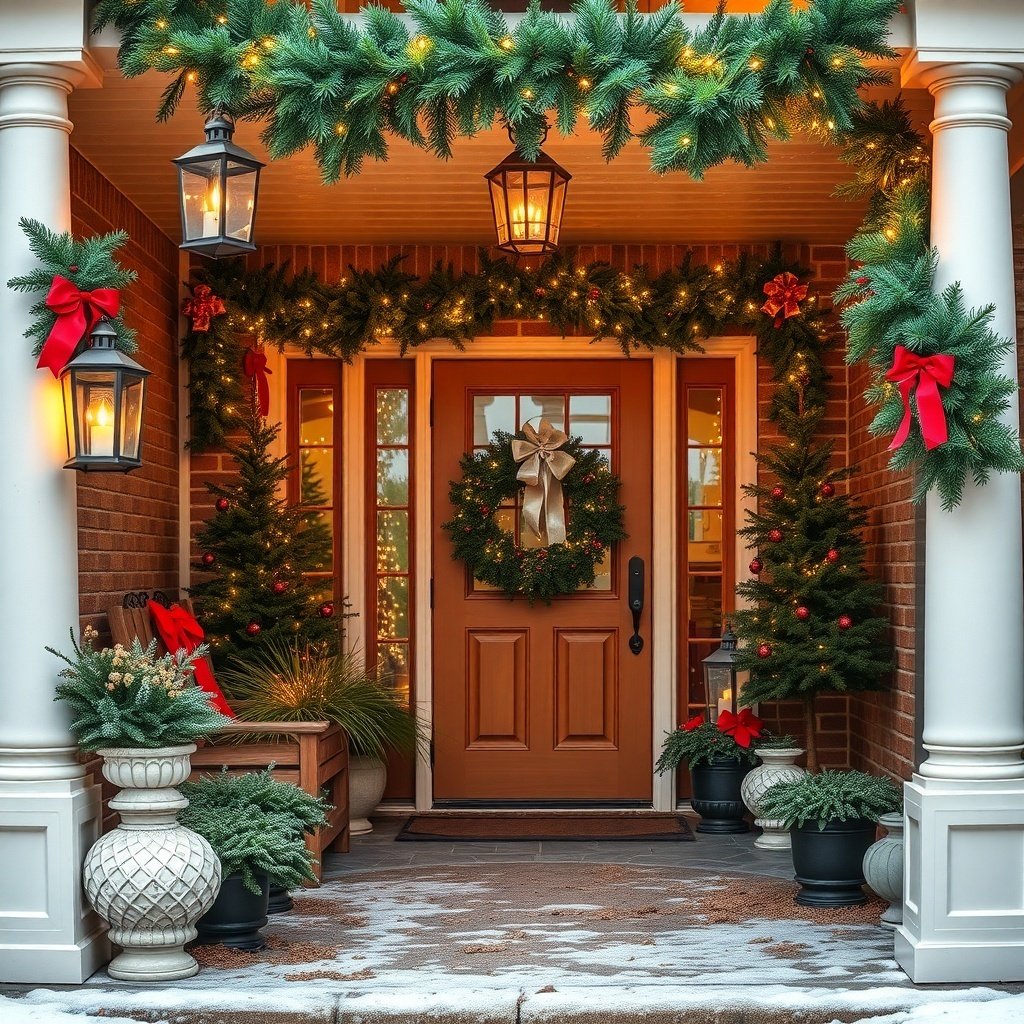 50 Stunning Christmas Porch Decor Ideas to Transform Your Home A beautifully decorated porch for Christmas featuring lanterns, greenery, and festive decorations.