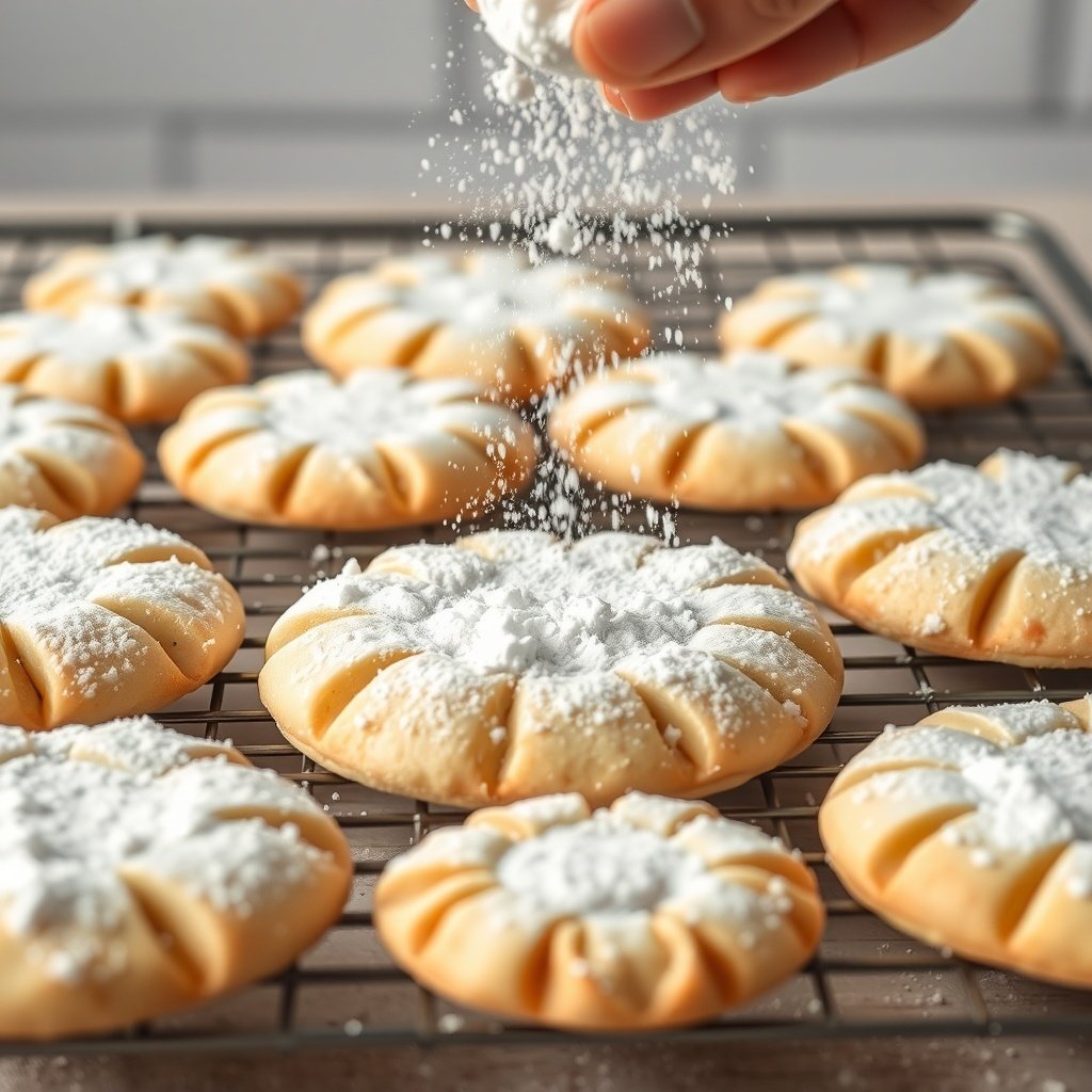30 Delightful Mexican Wedding Cookie Recipes to Sweeten Your Celebrations A hand sprinkling powdered sugar over freshly baked Mexican wedding cookies on a cooling rack.