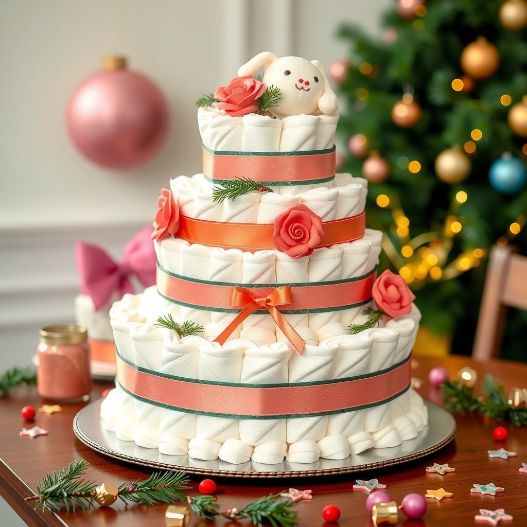 50 Festive Ideas for Creating the Ultimate Christmas Diaper Cake A beautifully decorated Christmas diaper cake with layers wrapped in fabric, adorned with flowers and a bunny on top, set against a festive background.