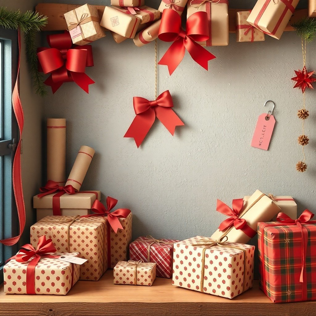 50 Festive December Wallpapers to Brighten Your Screen A cozy holiday gift wrapping scene with presents and red bows