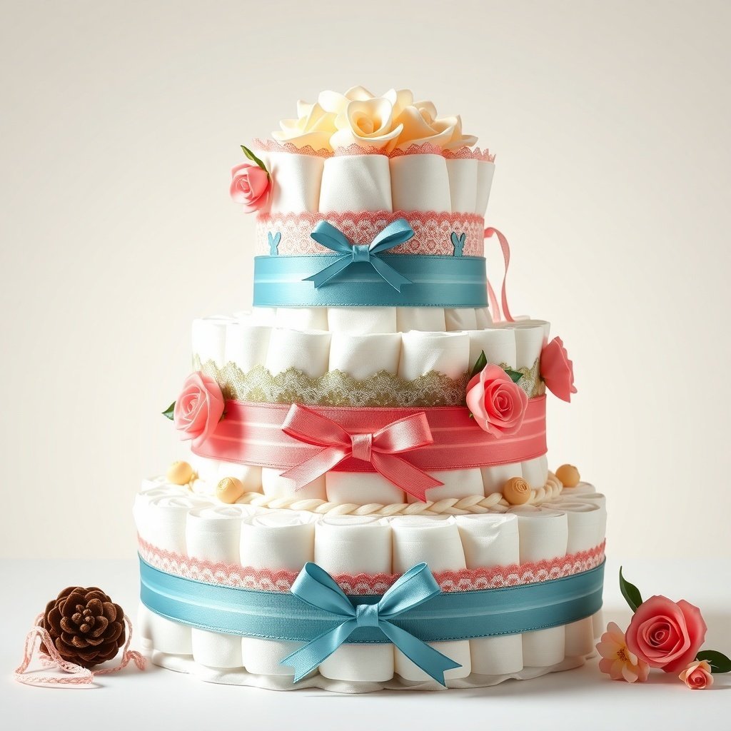 50 Festive Ideas for Creating the Ultimate Christmas Diaper Cake A beautifully crafted diaper cake with three tiers, decorated with ribbons and flowers, showcasing a vintage style.