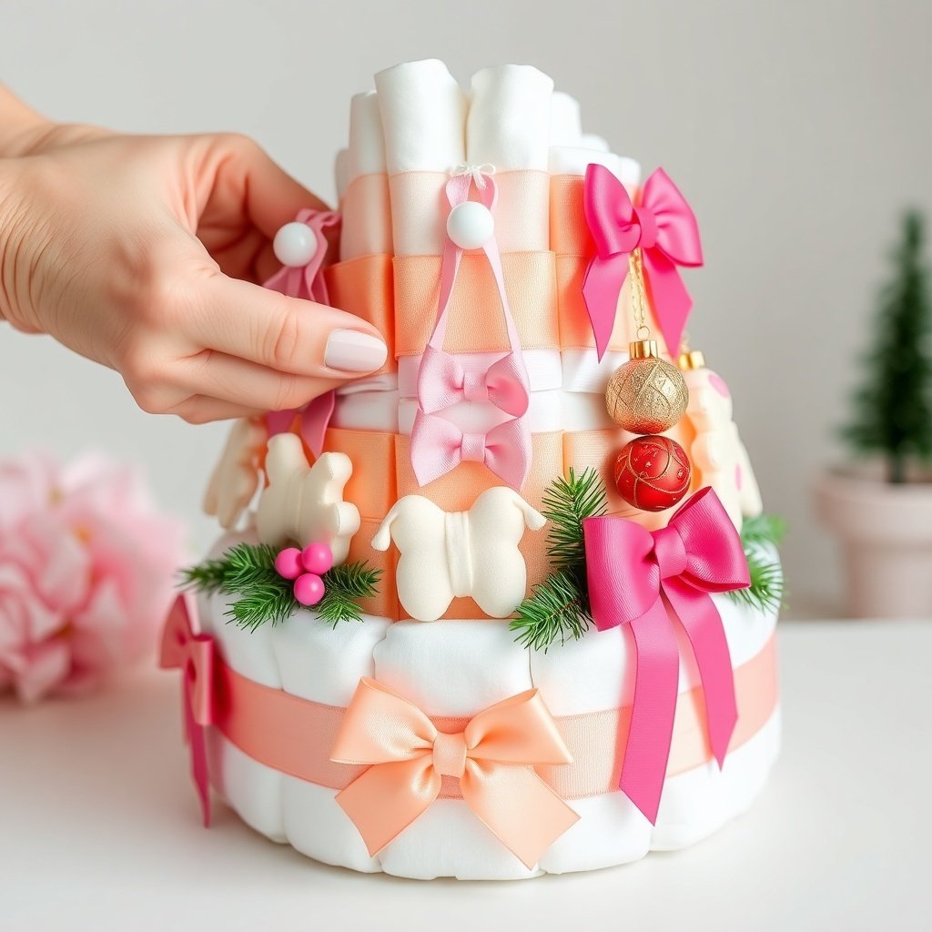 50 Festive Ideas for Creating the Ultimate Christmas Diaper Cake A hand adjusting a beautifully decorated Christmas diaper cake with ribbons and ornaments.