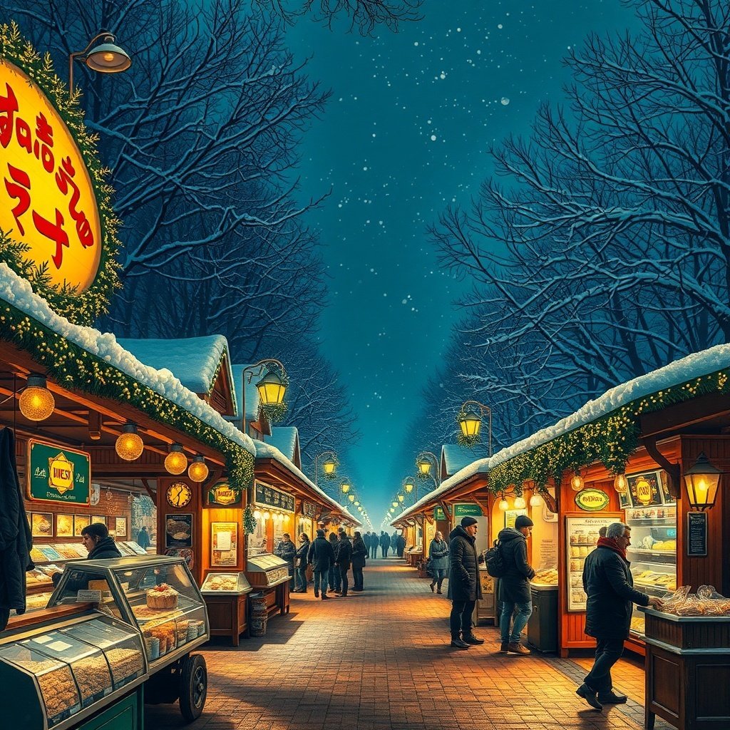 50 Festive December Wallpapers to Brighten Your Screen A winter night market scene with stalls, lights, and people enjoying the festive atmosphere.