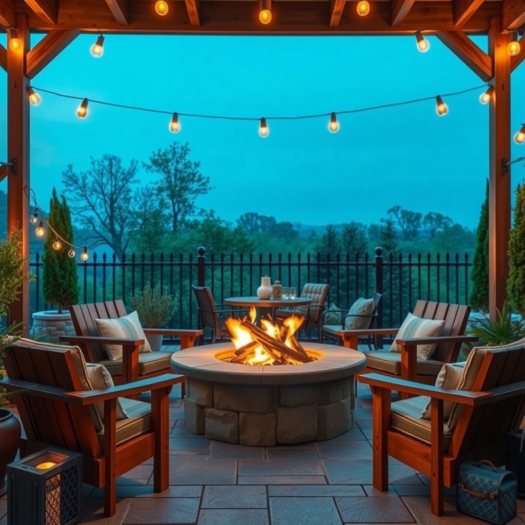 50 Stunning Wedding Night Room Decoration Ideas Cozy fire pit setup with chairs and string lights, perfect for a romantic evening.